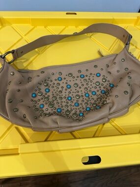Taupe Leather Shoulder Bag with Turquoise Stud Detailing